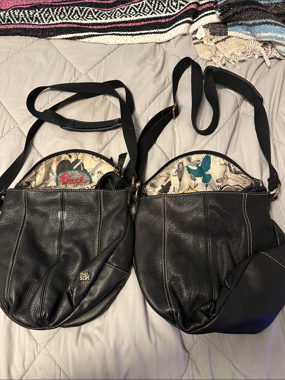 The Sak Black Pebbled Leather Crossbody Bag with Patterned Lining